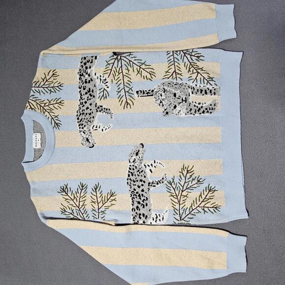 MAVRANS Men's Sweater RARE M Blue Beige Striped Leopard Print Knit Pullover Cat - Picture 2 of 14